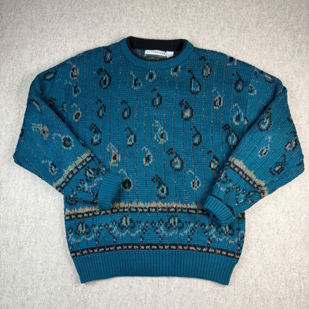 Vintage Saturdays Paisley Knit Sweater Mens Medium Teal Blue 90s Crewneck